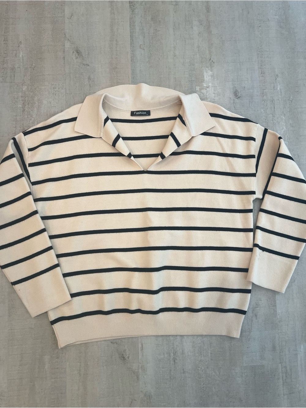Striped Collared Knit Sweater - Cream & Black